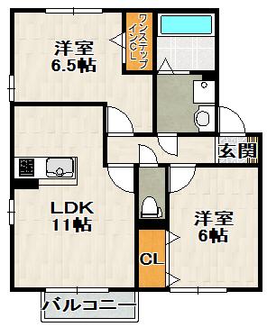 グランボヌール花屋敷 A棟(2LDK/2階)の間取り写真