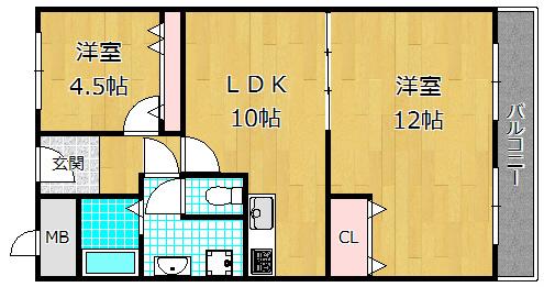 キンブリッジ学研氷室A棟(2LDK/3階)の間取り写真