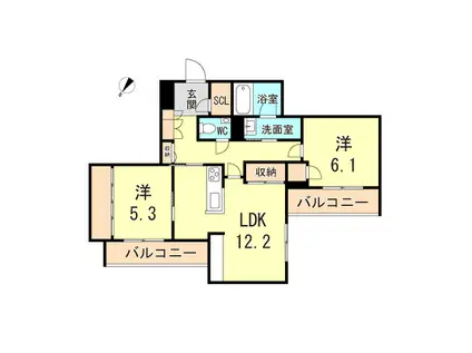 シャーメゾンガーデンズ セリシール高羽 東館(2LDK/2階)の間取り写真