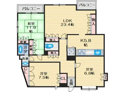 パレ豊中北桜塚(3LDK/3階)の間取り写真