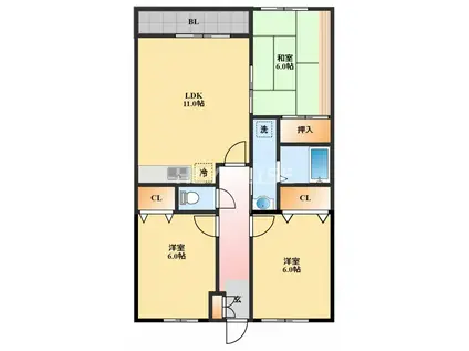 カルディア中島(3LDK/3階)の間取り写真