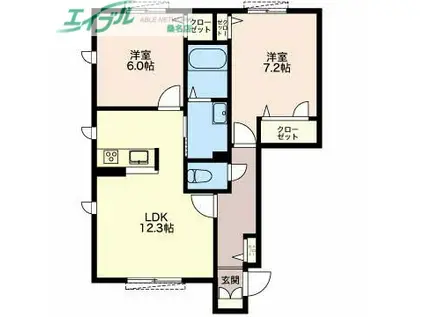 ナディア長折 B棟(2LDK/1階)の間取り写真