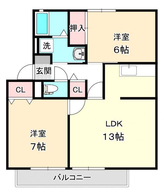 メルベーユ岩之谷D(2LDK/1階)の間取り写真