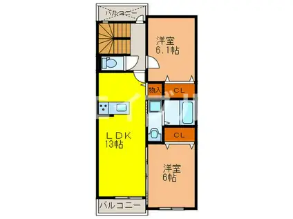 エクセラン朝妻(2LDK/3階)の間取り写真