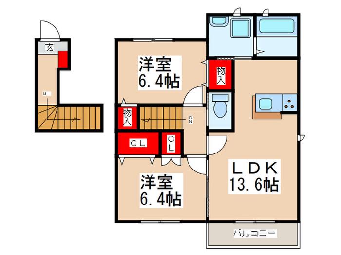 プリムヴェール(2LDK/2階)の間取り写真