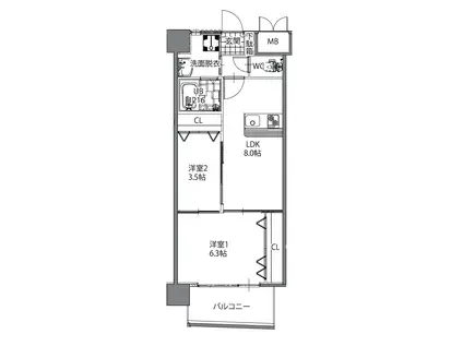 オーヴィジョンクラス下関駅前(2LDK/2階)の間取り写真