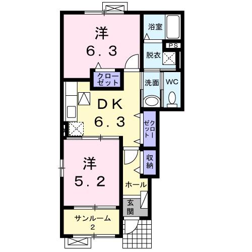 ラ・プリマベーラB(2DK/1階)の間取り写真