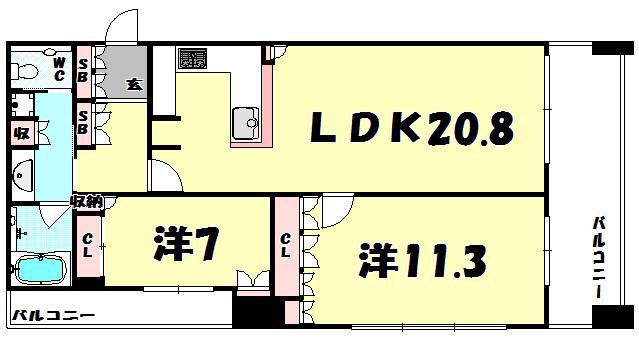 リーガルタワー大阪(2LDK/16階)の間取り写真