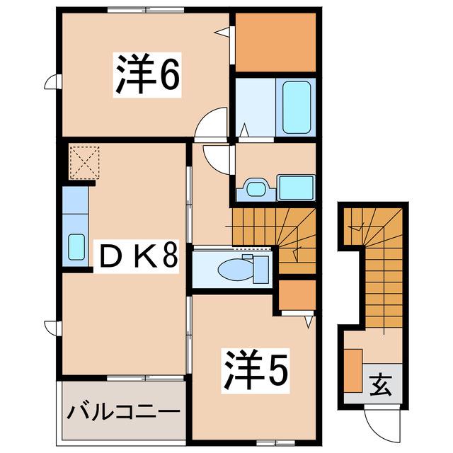 エーデル高松B(2DK/2階)の間取り写真