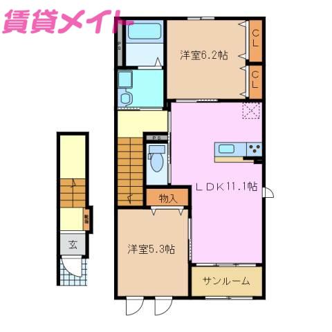 ラリュール(2LDK/2階)の間取り写真