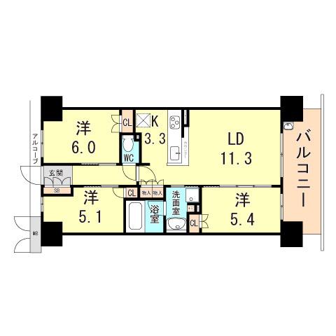 ディアエスコート明石西新町(3LDK/8階)の間取り写真