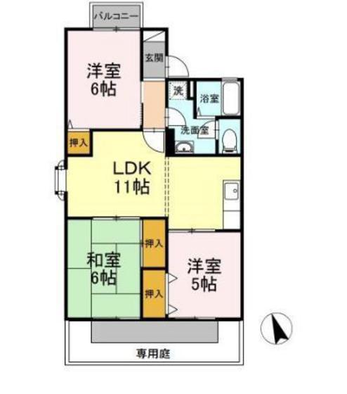 グランディール上久保 B棟(3LDK/1階)の間取り写真
