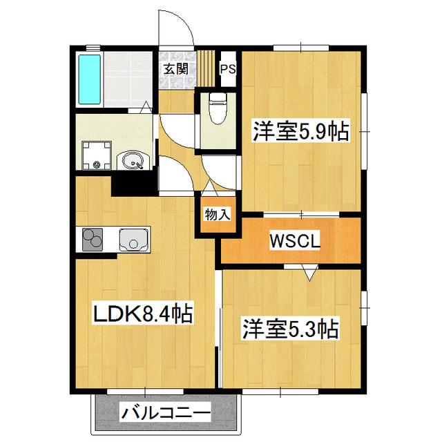ブバルディアF棟(2LDK/1階)の間取り写真