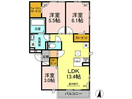 カポック(3LDK/1階)の間取り写真