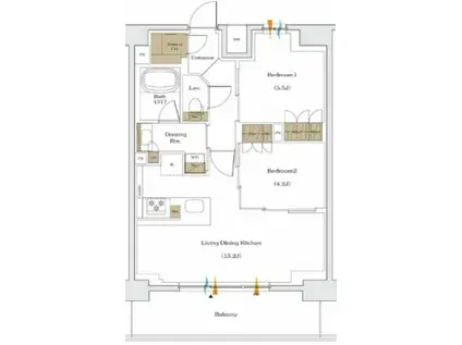 ザ・パークハビオ谷町六丁目テラス(2LDK/13階)の間取り写真