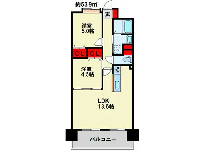 ソレアード苅田(2LDK/11階)の間取り写真