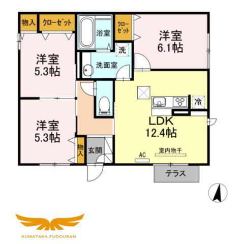 平屋 B棟(3LDK/1階)の間取り写真