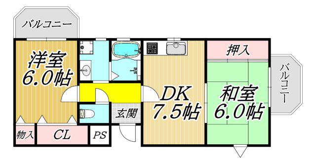 エスポワール武庫之荘北V(2DK/2階)の間取り写真