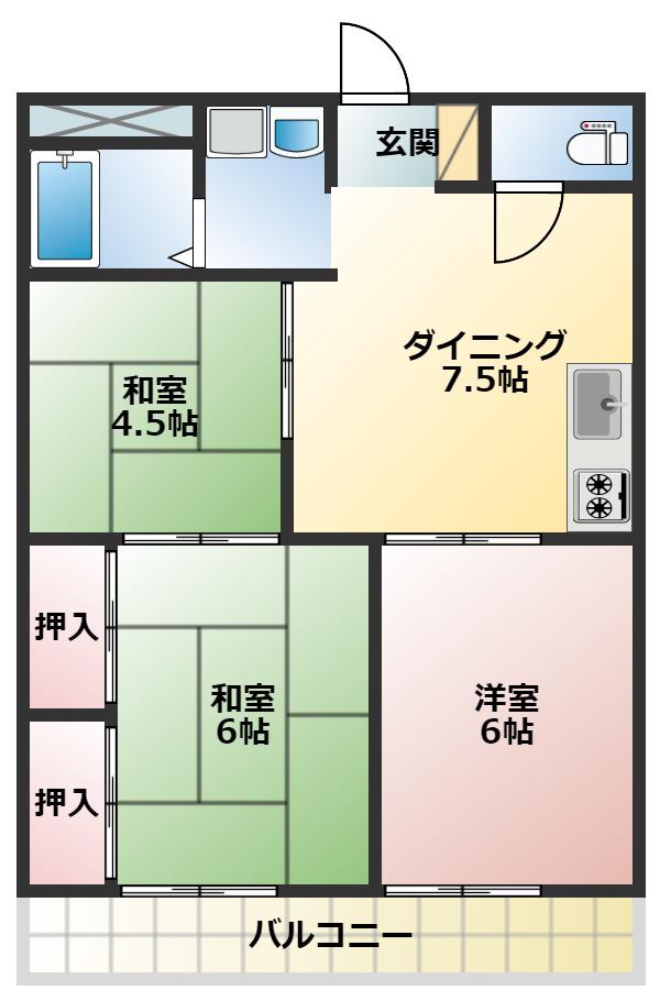 シティハイツ山本 B棟(3DK/1階)の間取り写真