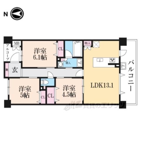 グラン・コート西京極2(3LDK/4階)の間取り写真