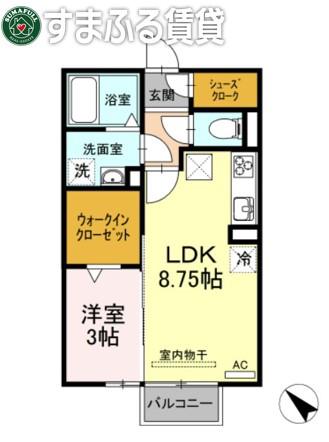 グランテラス 高力 B棟(1LDK/1階)の間取り写真