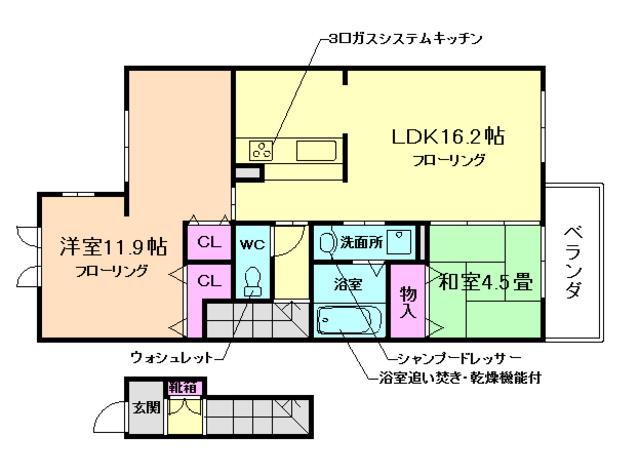 グランチュイールB棟(2LDK/2階)の間取り写真