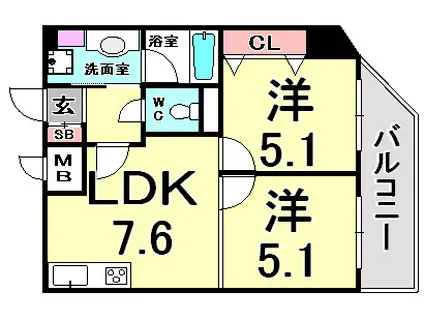 ロイヤルヒル神戸三ノ宮II(2LDK/10階)の間取り写真