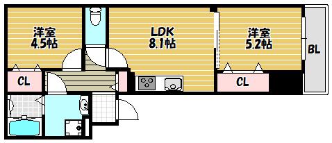 クリエオーレ西石切(2LDK/1階)の間取り写真