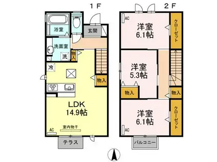 豊橋鉄道東田本線 赤岩口駅 徒歩18分 2階建 築10年(3LDK/1階)の間取り写真