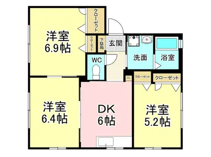 アリッサムKA棟(3DK/1階)の間取り写真