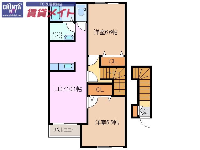 ヴィレッジ川原 南棟(2LDK/2階)の間取り写真