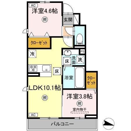 ウッドソレルやまが(2LDK/1階)の間取り写真