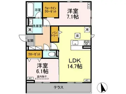 セレスティア長良 ウエスト(2LDK/1階)の間取り写真