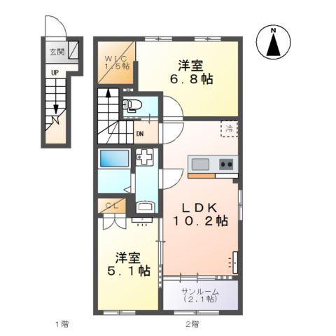 富山市黒崎アパート(2LDK/2階)の間取り写真