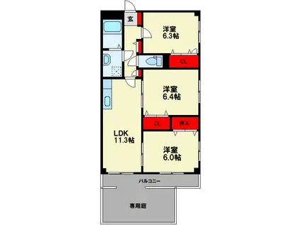カーサ宮の前(3LDK/1階)の間取り写真