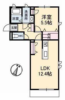 シャーメゾンタウン西阿知駅前B棟(1LDK/1階)の間取り写真