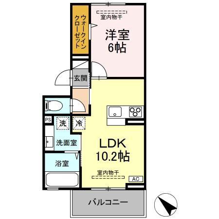 ヒルズ国母(1LDK/2階)の間取り写真