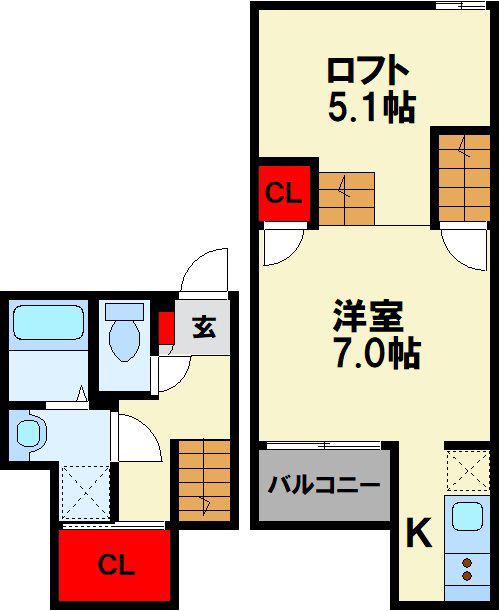 ADC新飯塚ラシュレ(1K/2階)の間取り写真
