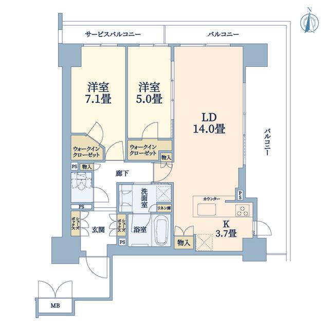ブランズタワー御堂筋本町(2LDK/22階)の間取り写真