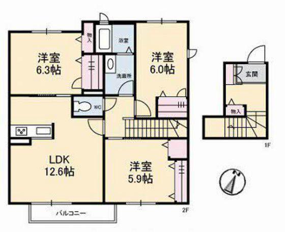 ウィステリア学南 B棟(3LDK/2階)の間取り写真