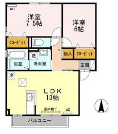 シャトーショコラB棟(2LDK/1階)の間取り写真