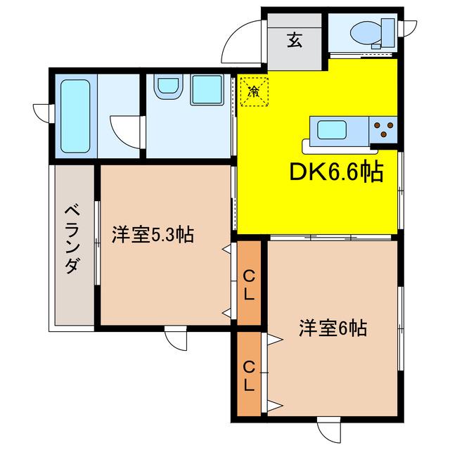 リバーサイド月(2DK/3階)の間取り写真