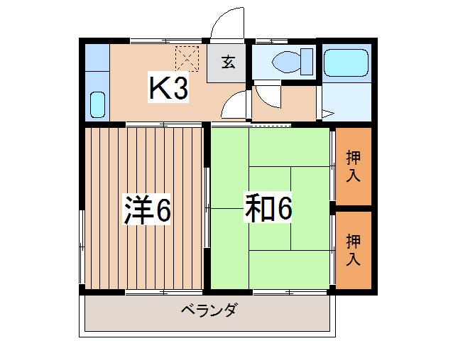 グリーンヒルユーB棟(2K/2階)の間取り写真