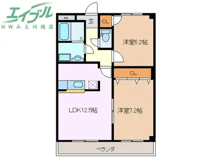 ルシェンテ下之宮(2LDK/1階)の間取り写真