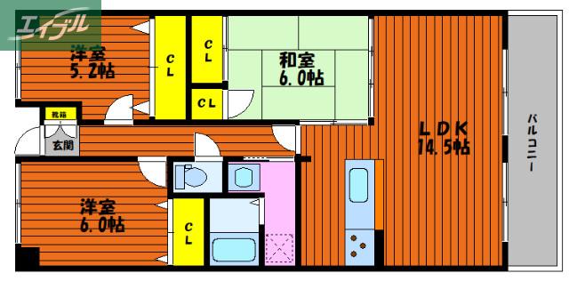 スカイパレス高柳(3LDK/4階)の間取り写真
