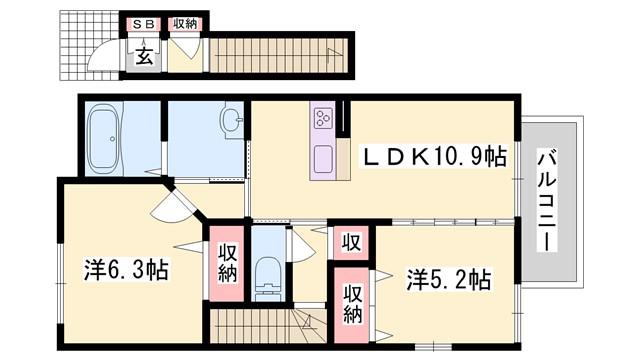 MAST COURT 新野辺 B棟(2LDK/2階)の間取り写真