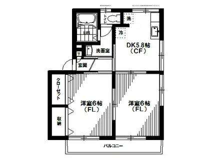 京成松戸線 北初富駅 徒歩6分 2階建 築28年(2DK/2階)の間取り写真