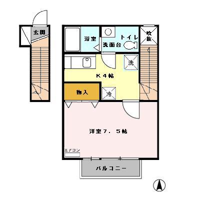 コートビレッジ山王II(1K/2階)の間取り写真