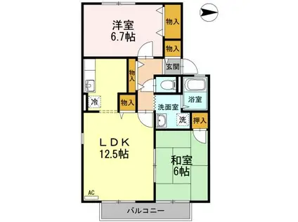 ハイカムールさかいびらき B棟(2LDK/2階)の間取り写真