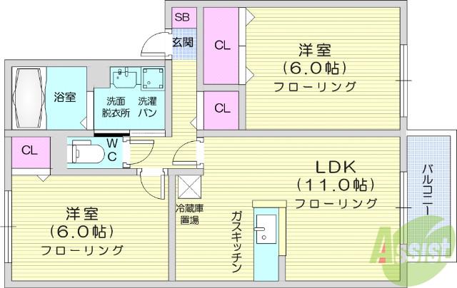セジュールB棟(2LDK/1階)の間取り写真
